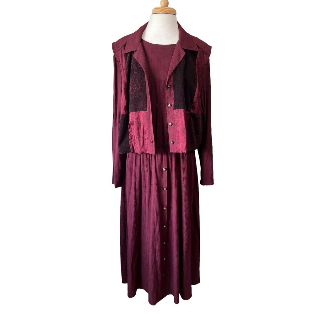 Vintage Lady Dorby Women's 20W Burgundy Patchwork 2pc Vest & Dress Set